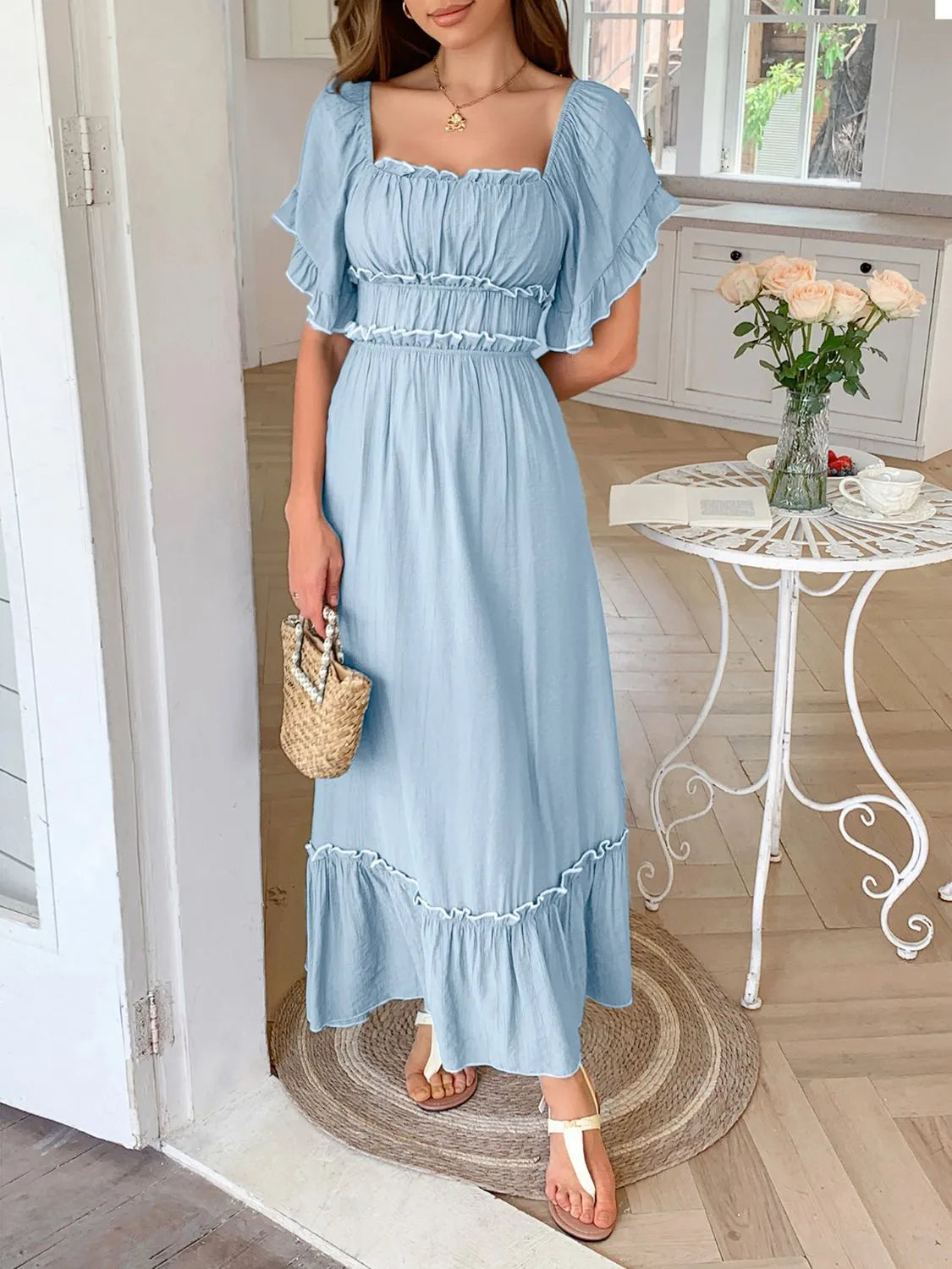 Square Neck Puff Sleeve Ruffle Trim Maxi Dress OutfitFlow