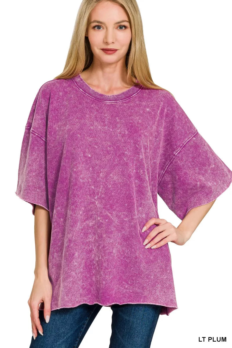 Zenana French Terry Washed Drop Shoulder Short Sleeve Top LT PLUM OutfitFlow