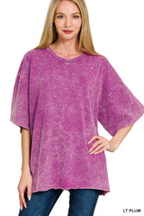 Zenana French Terry Washed Drop Shoulder Short Sleeve Top LT PLUM OutfitFlow