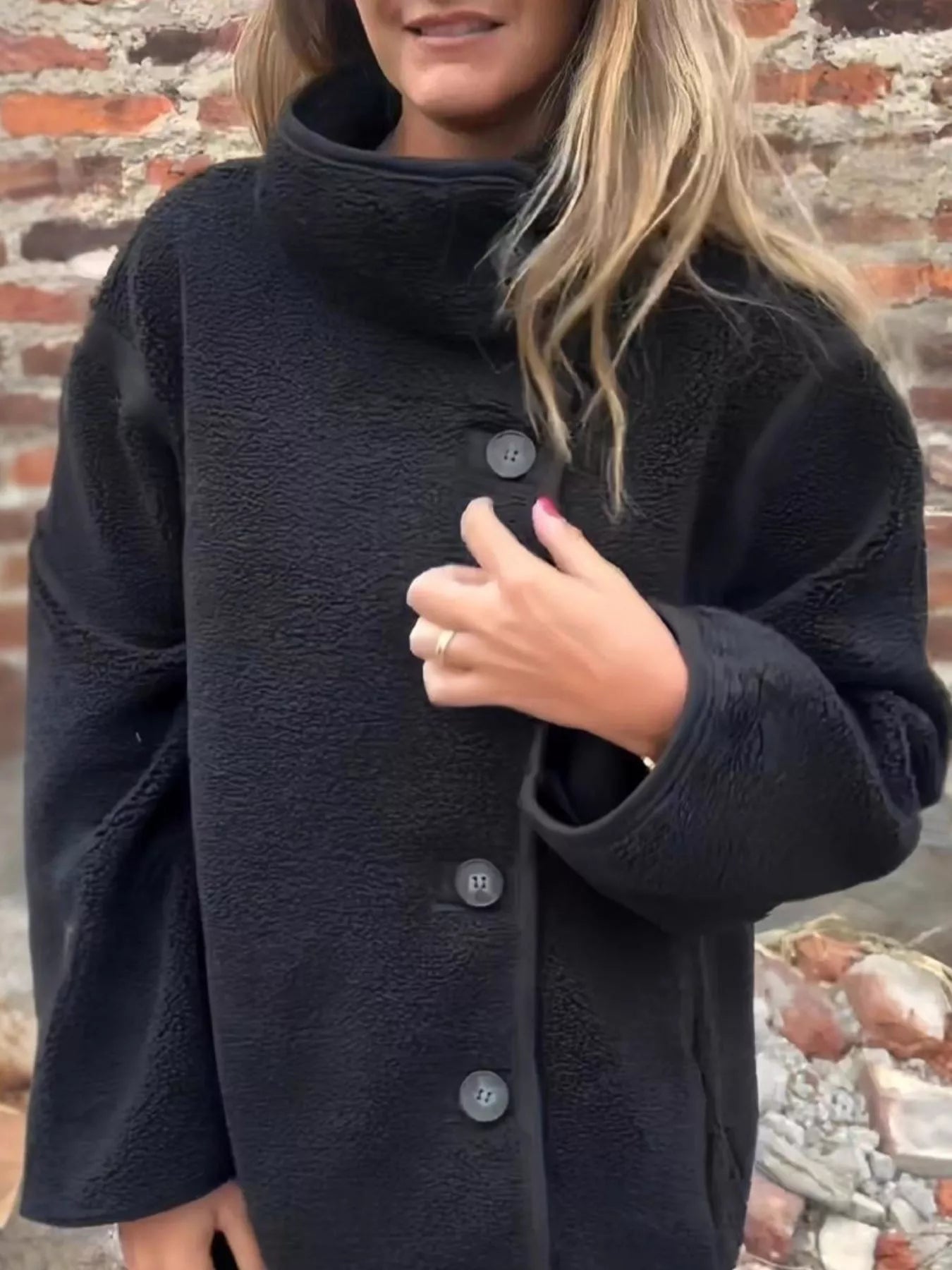 Full Size Button Up Long Sleeve Fleece Jacket Plus Size Trendsi