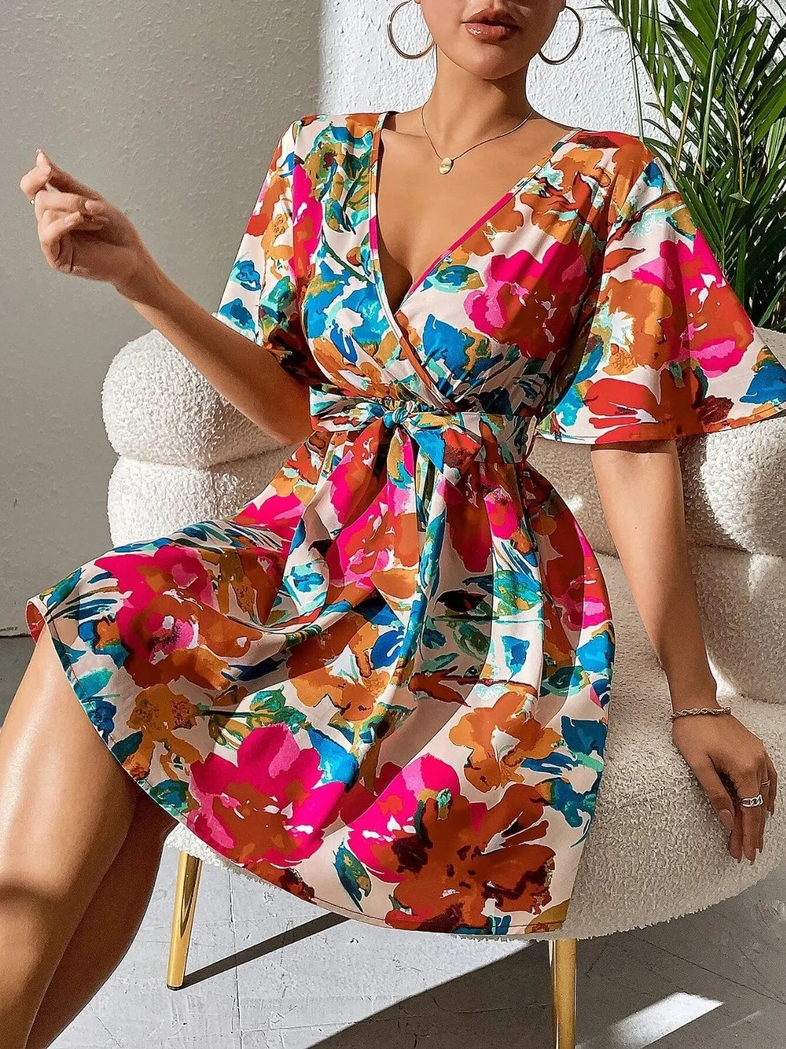 Printed Surplice Short Sleeve Mini Dress Hot Pink OutfitFlow