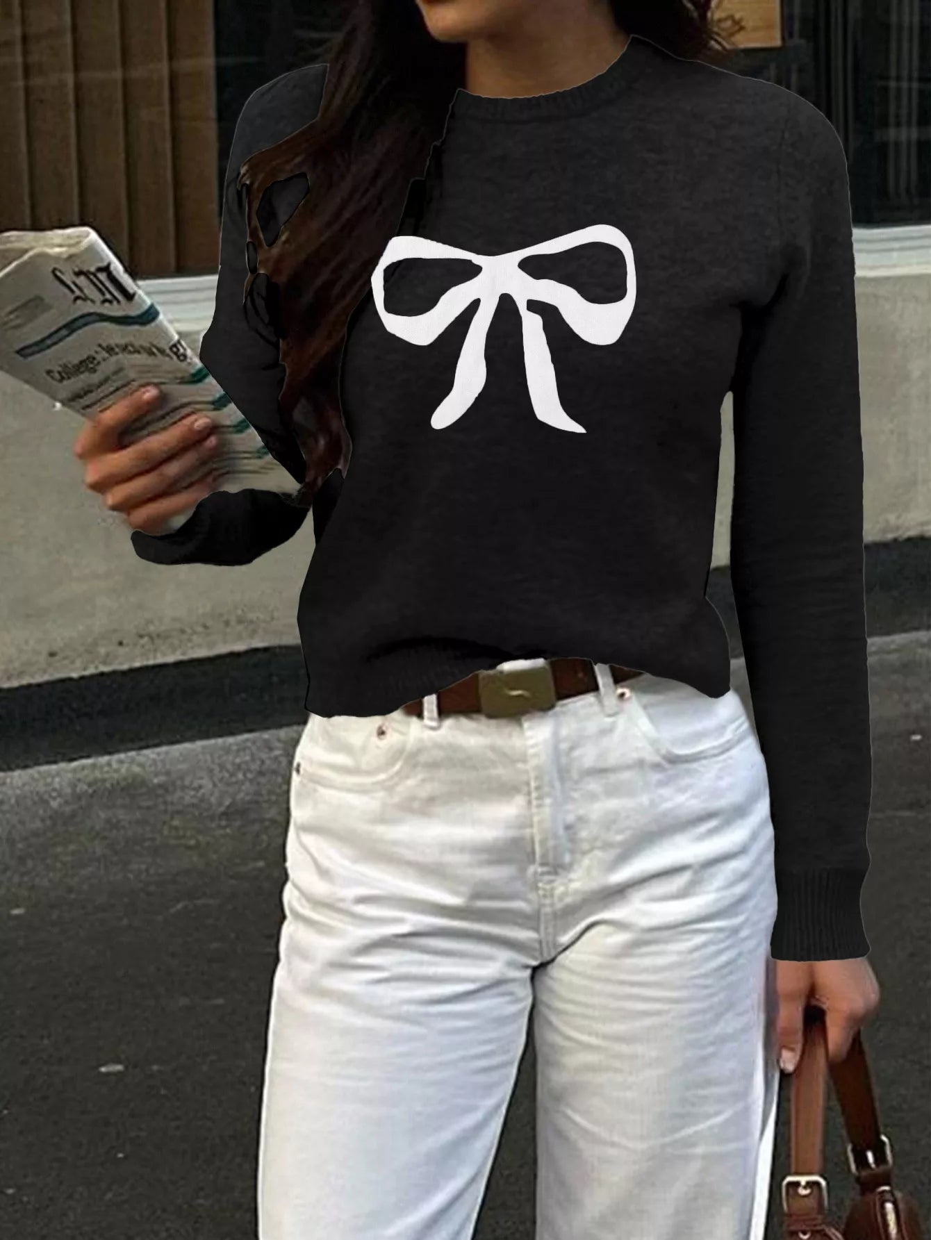 Bow Round Neck Knit Top OutfitFlow