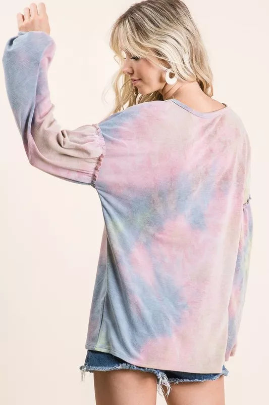 BiBi Tie Dye French Terry Sweatshirt With Bubble Sleeves Trendsi