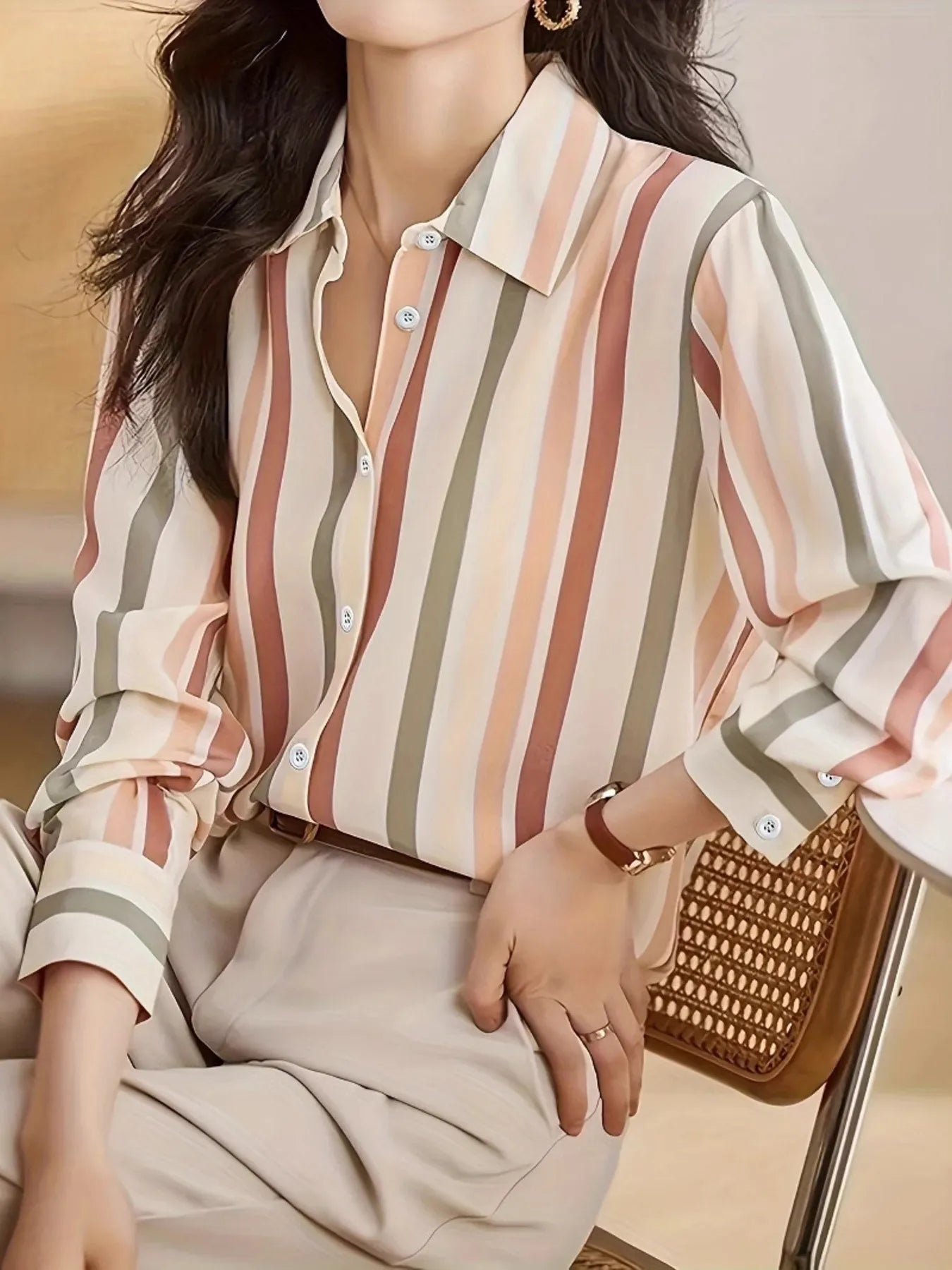 Striped Button-Up Long Sleeve Shirt Multicolor OutfitFlow