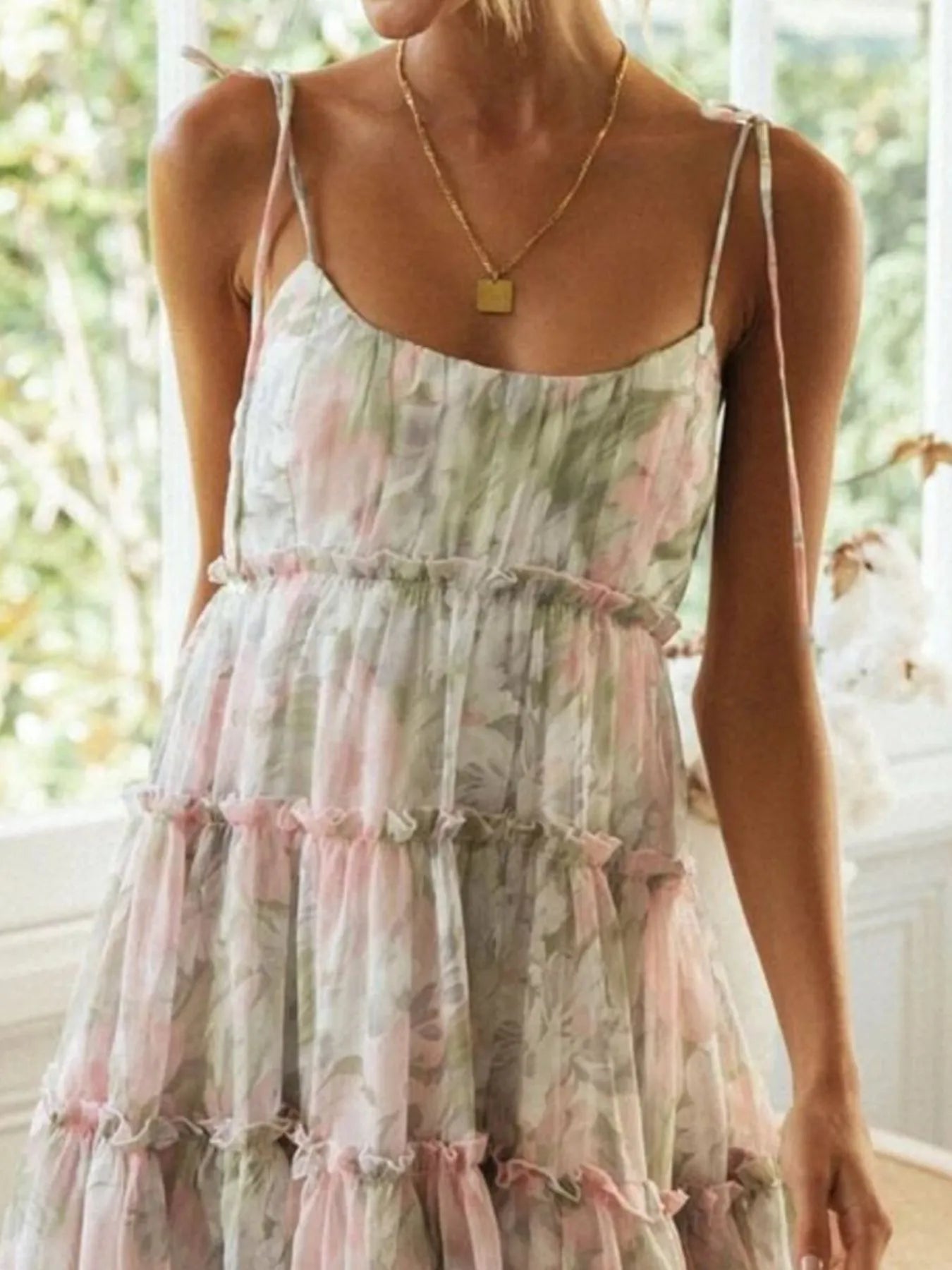 Printed Tie-Strap Tiered Mini Dress Sage OutfitFlow