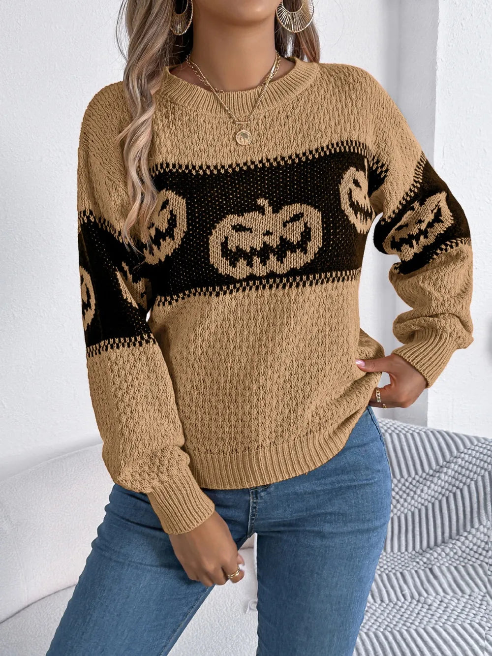 Pumpkin Round Neck Long Sleeve Sweater Camel OutfitFlow