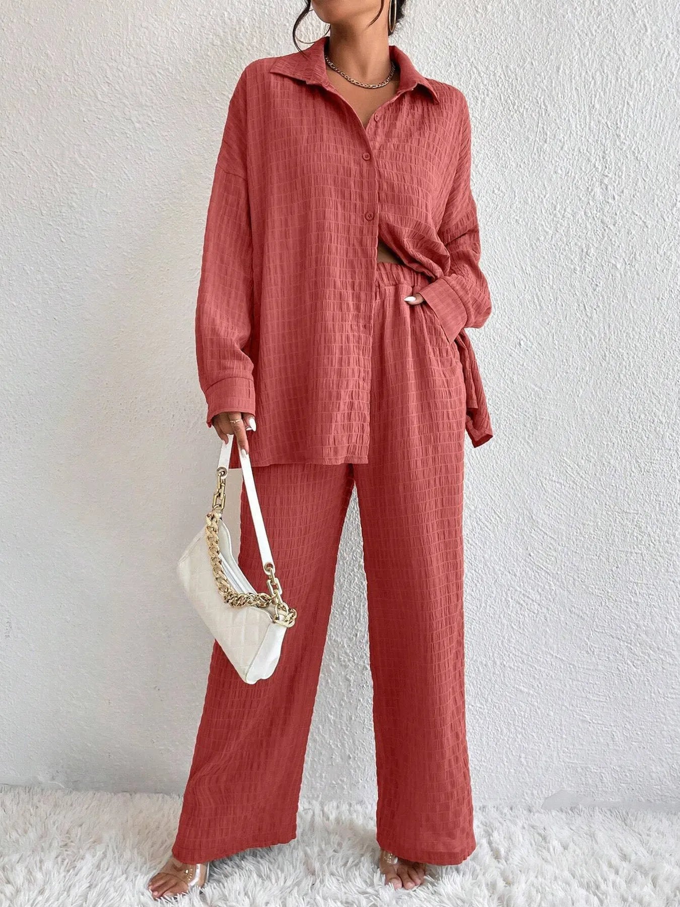 Button Up Long Sleeve Shirt and Pants Set Burnt Coral OutfitFlow