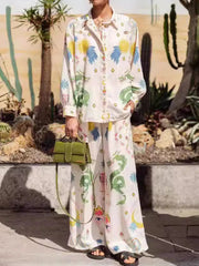 Printed Button Up Shirt and Pants Set Beige OutfitFlow