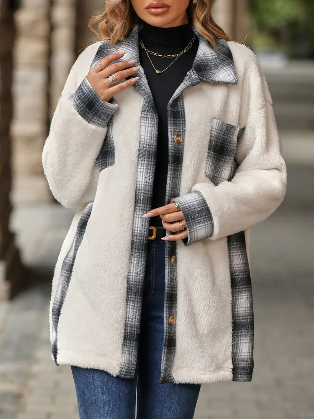 Plaid Contrast Dropped Shoulder Coat OutfitFlow