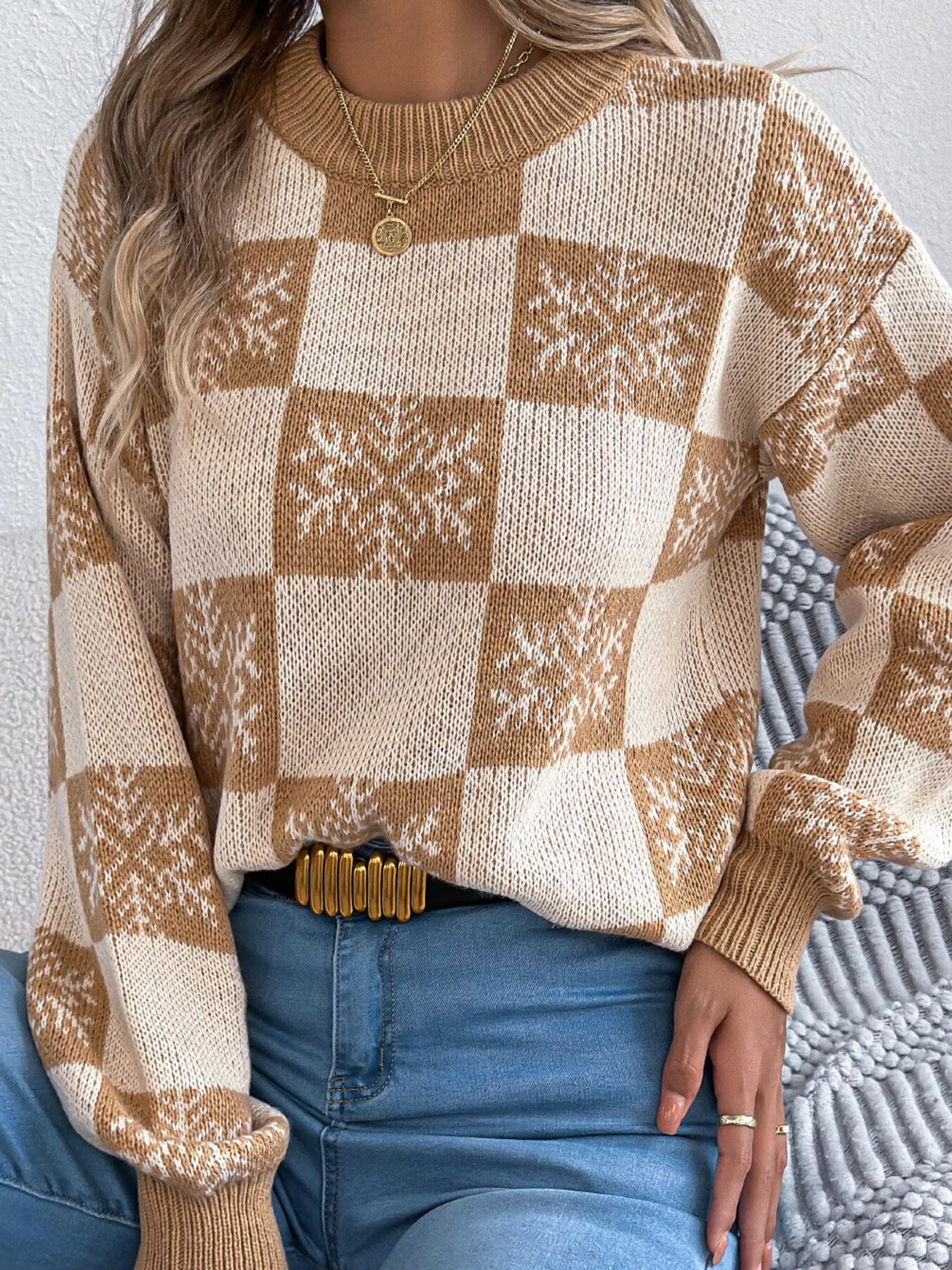 Christmas Snowflake Checkered Round Neck Sweater Khaki OutfitFlow