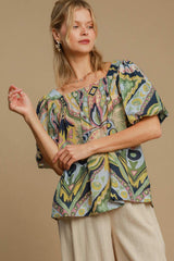 Outfit Flow - Umgee Full Size Abstract Print Smocked Square Neck Puff Sleeve Blouse