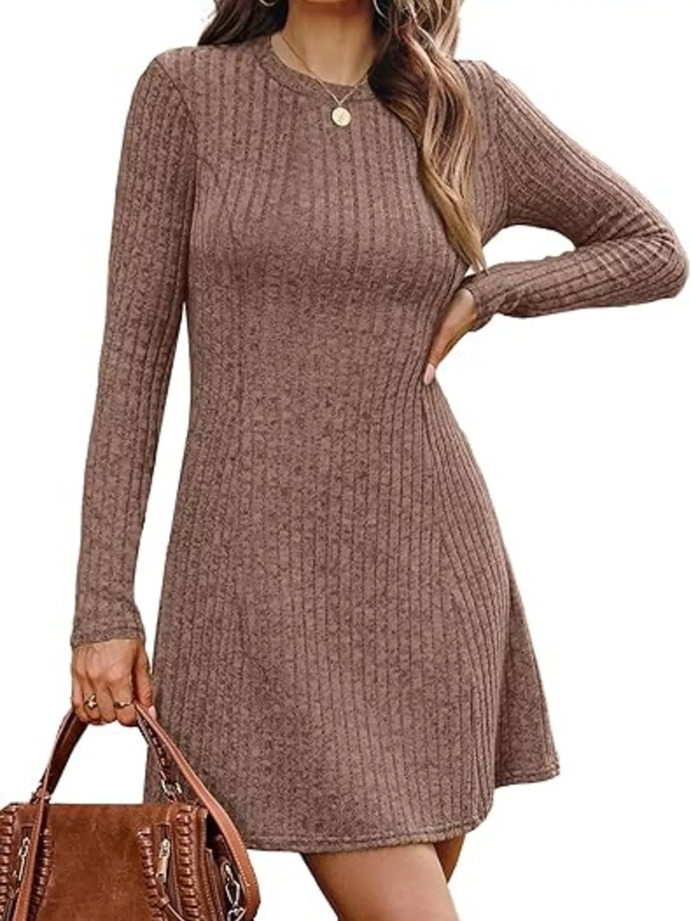 Ribbed Knit Long Sleeve A-Line Dress Trendsi
