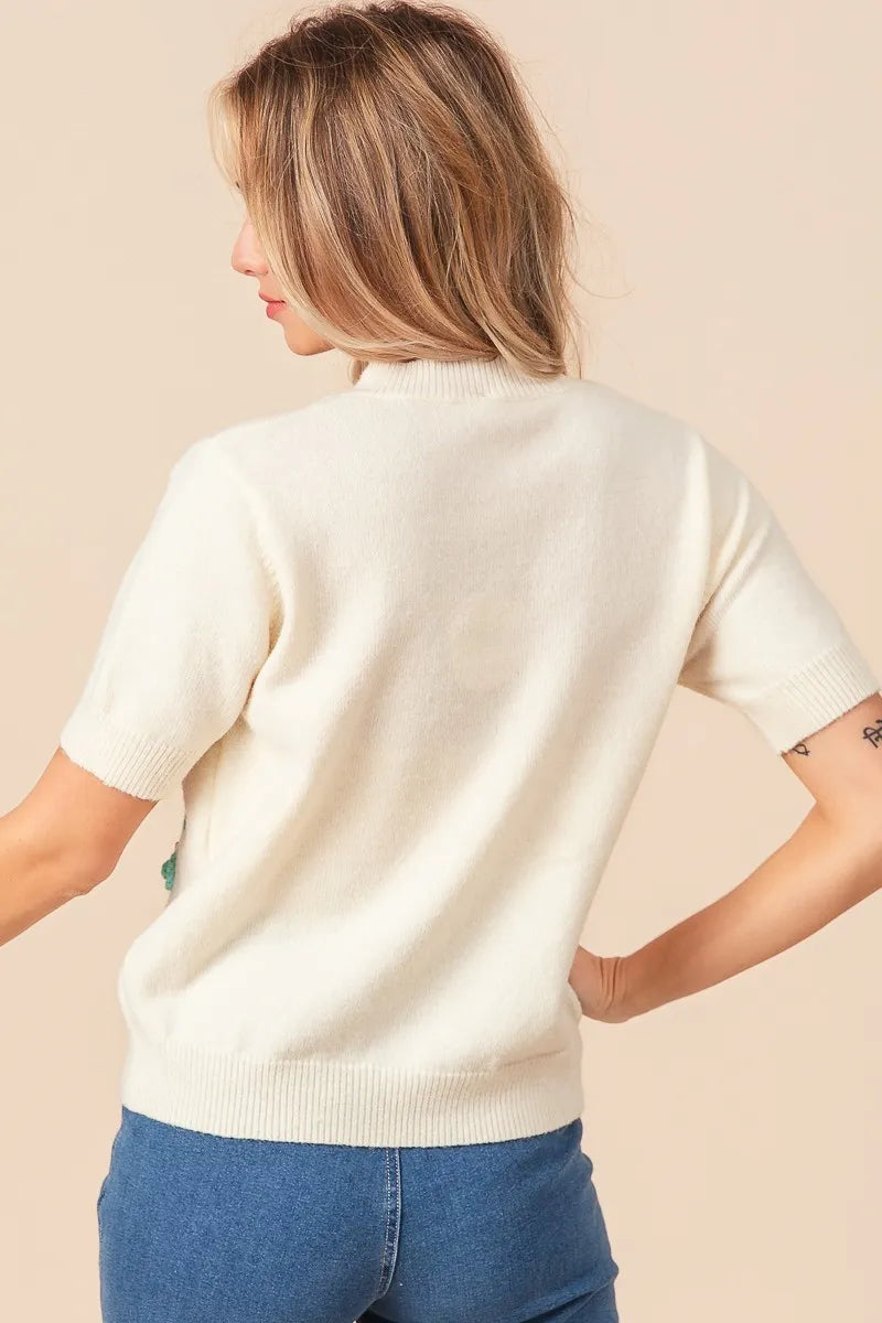 BiBi Crochet Flower Patch Sweater Top OutfitFlow
