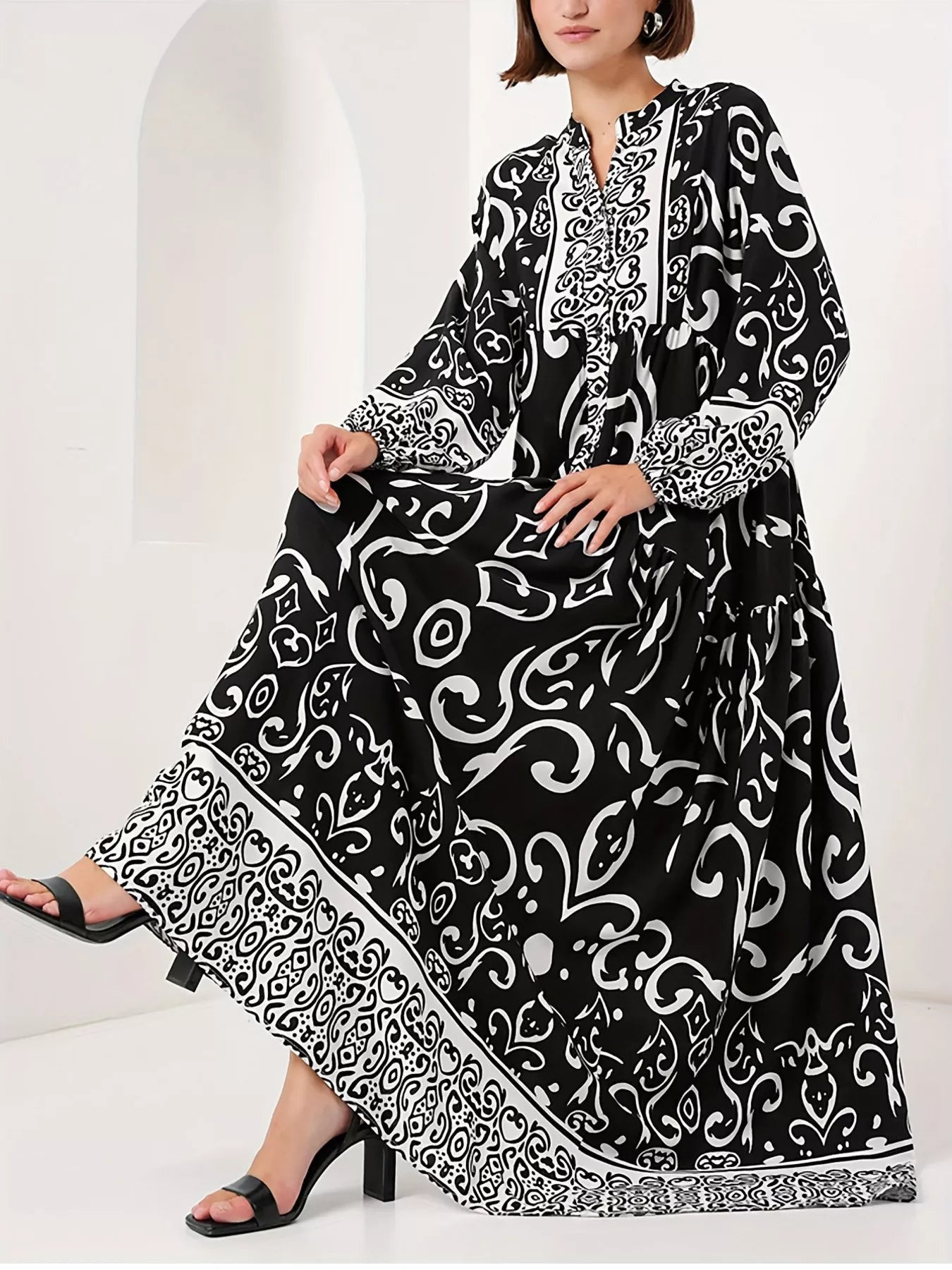 Printed Notched Balloon Sleeve Maxi Dress Black OutfitFlow