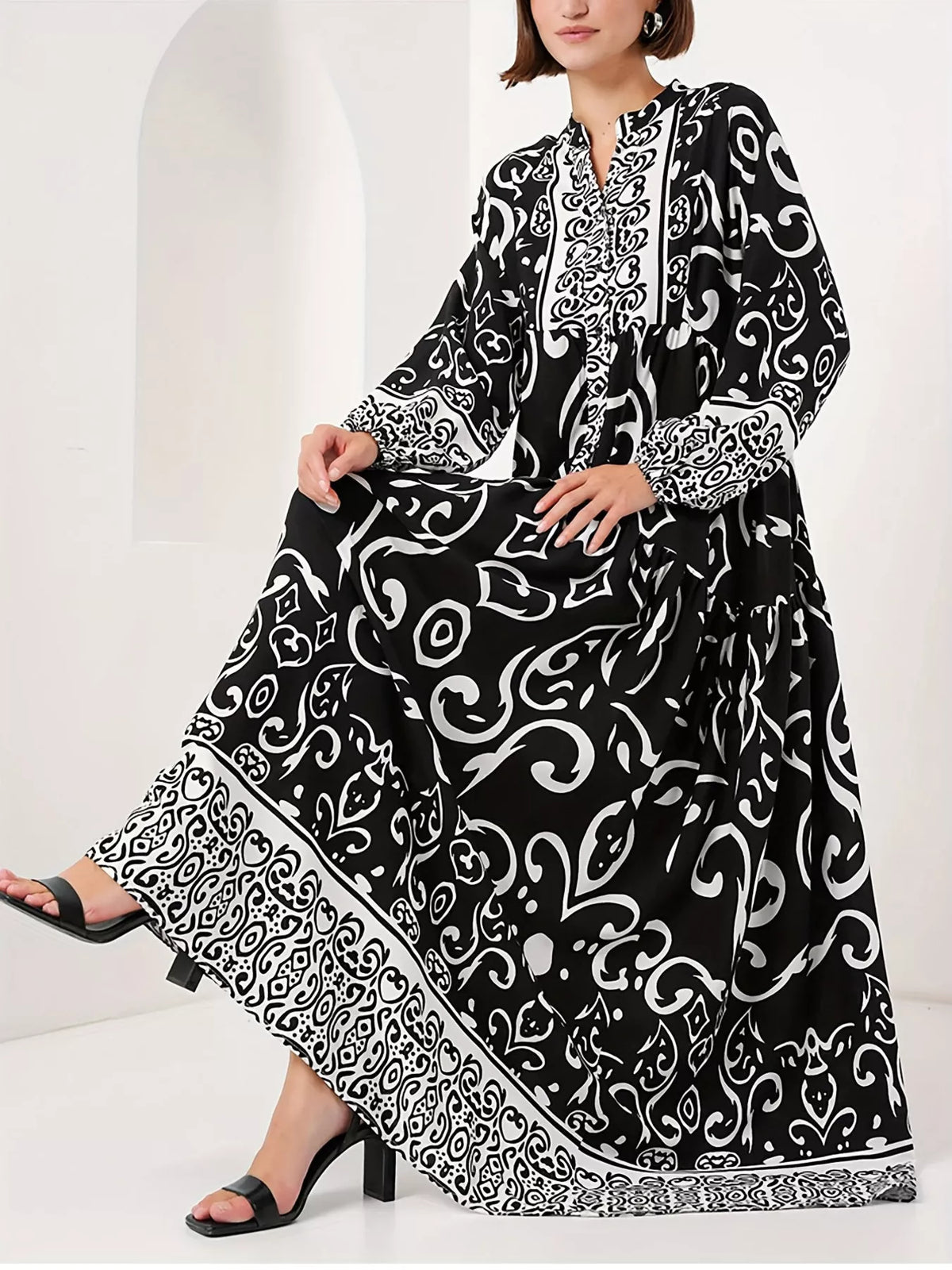Printed Notched Balloon Sleeve Maxi Dress Black OutfitFlow