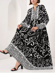 Printed Notched Balloon Sleeve Maxi Dress Black OutfitFlow