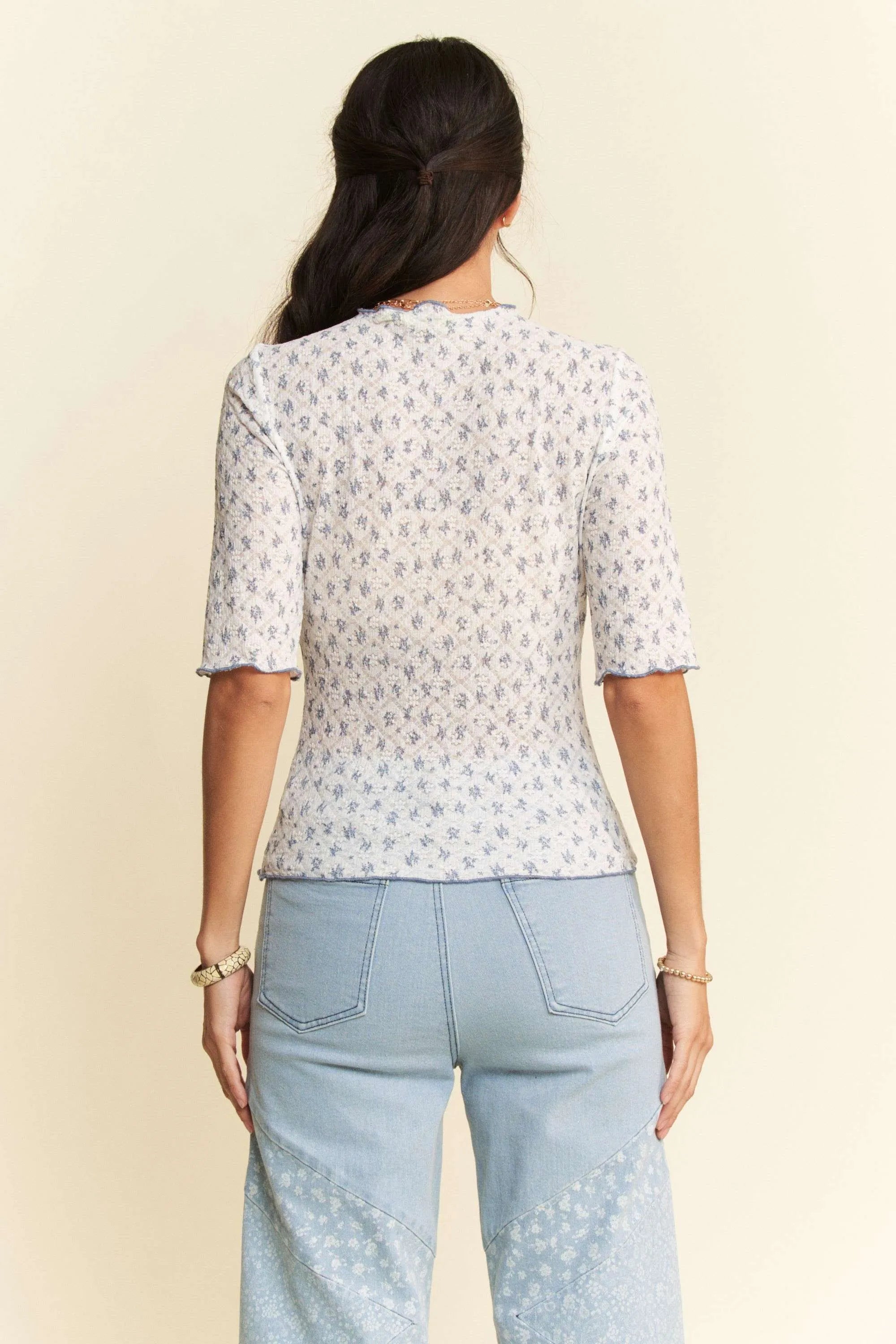 Davi & Dani Lace Stretch Floral Marrow Edge Half Sleeve Top OutfitFlow