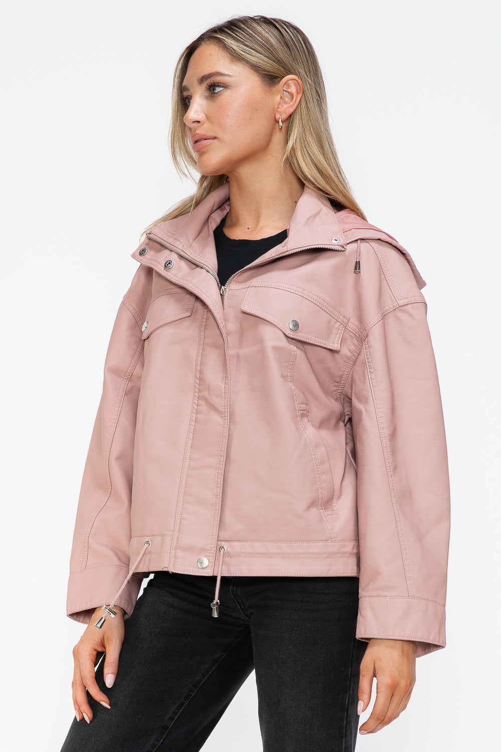 Outfit Flow - How Dare U Drawstring Hem PU Leather Zip Up Jacket