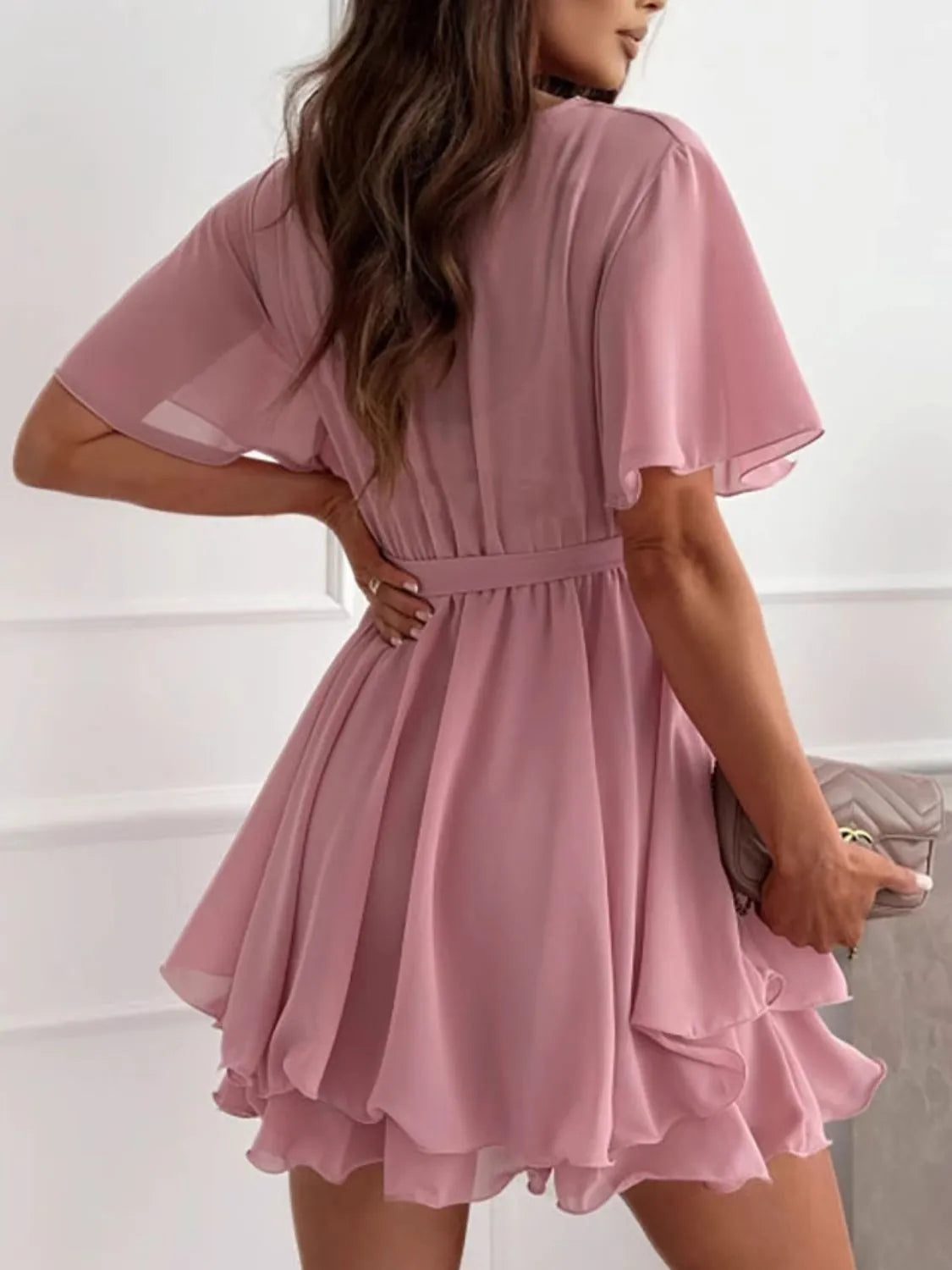 Surplice Flutter Sleeve Mini Dress OutfitFlow