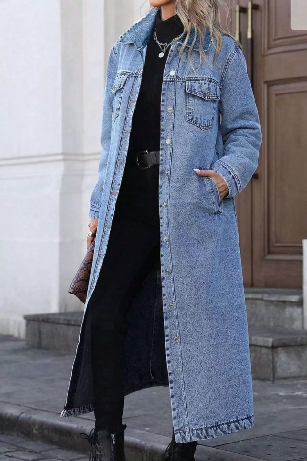 Longline Button-Front Denim Jacket OutfitFlow