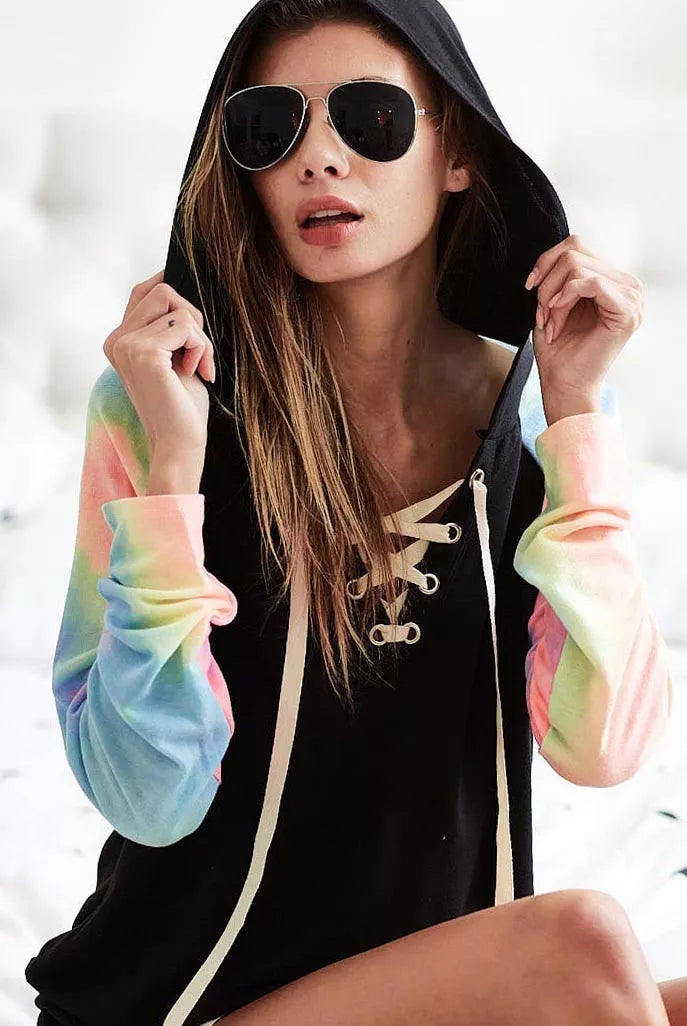 BiBi French Terry Lace Up Hoodie With Tie Dye Sleeves Trendsi