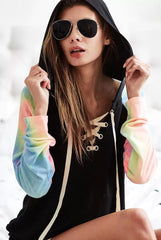 BiBi French Terry Lace Up Hoodie With Tie Dye Sleeves Trendsi