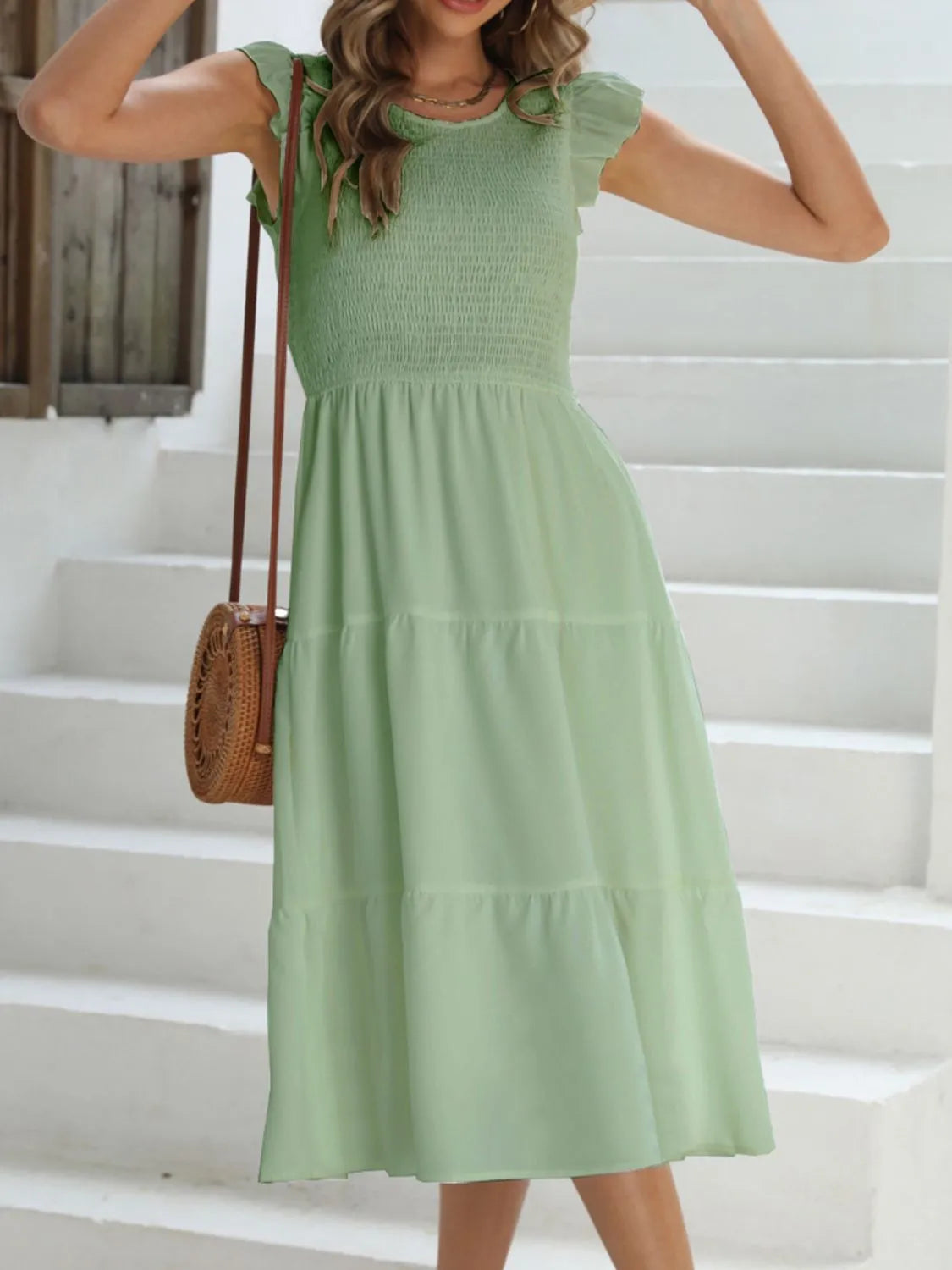 Ruffled Round Neck Cap Sleeve Dress Gum Leaf OutfitFlow