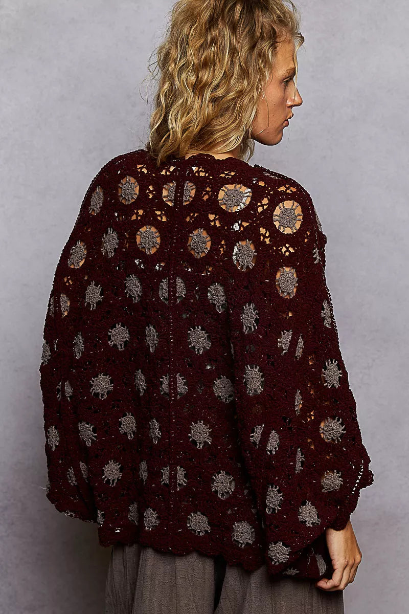 POL Openwork V-Neck Chenille Cardigan with Contrast Floral OutfitFlow