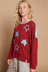 POL Exposed Seam Relaxed Fit Sweater with Star Denim Patch Trendsi