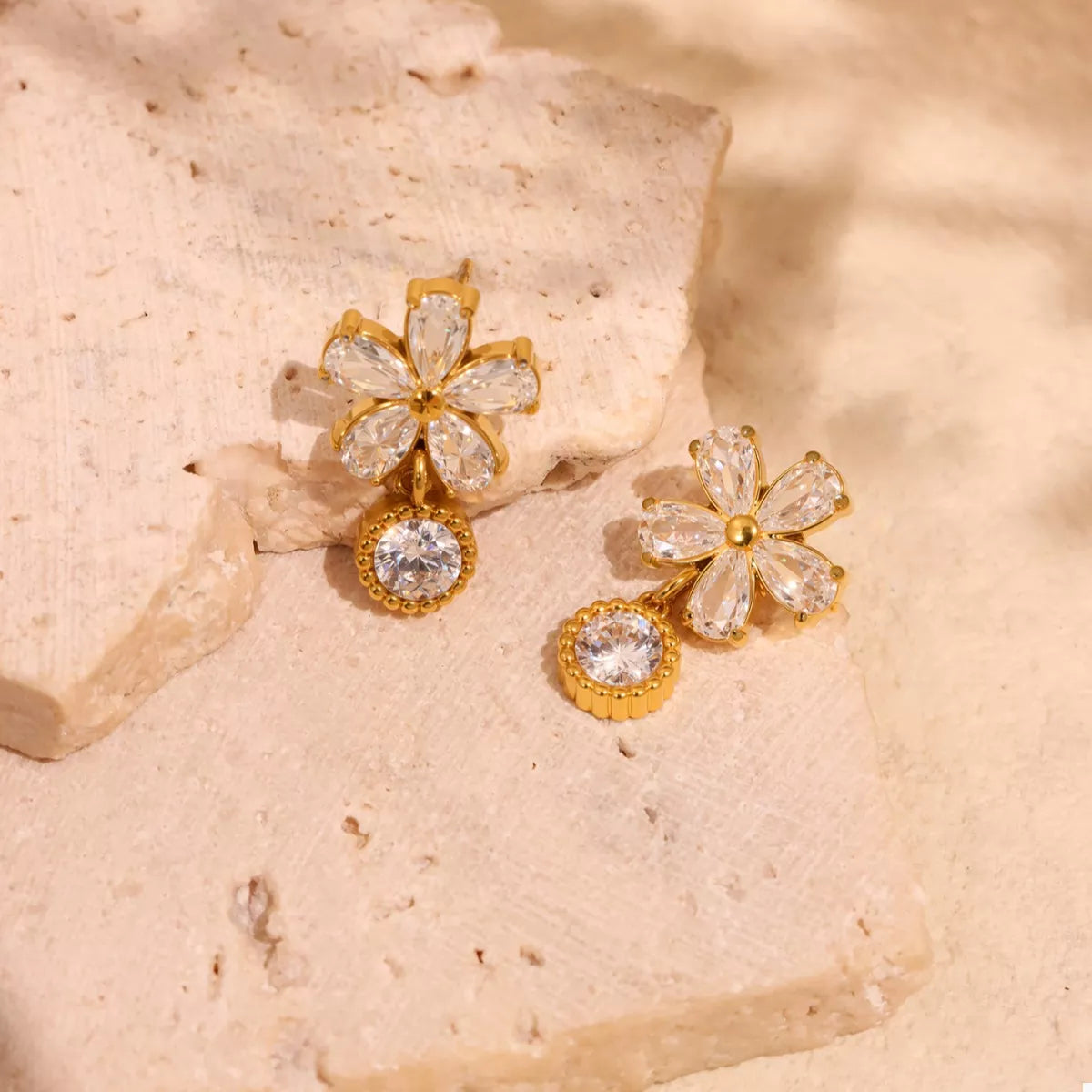 18K Gold-Plated Stainless Steel Zircon Flower Drop Earrings OutfitFlow