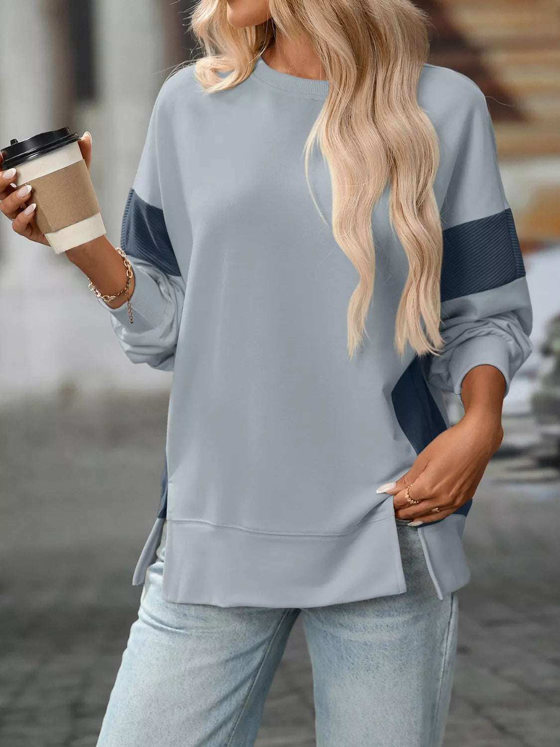 Side Slit Round Neck Sweatshirt Light Blue OutfitFlow