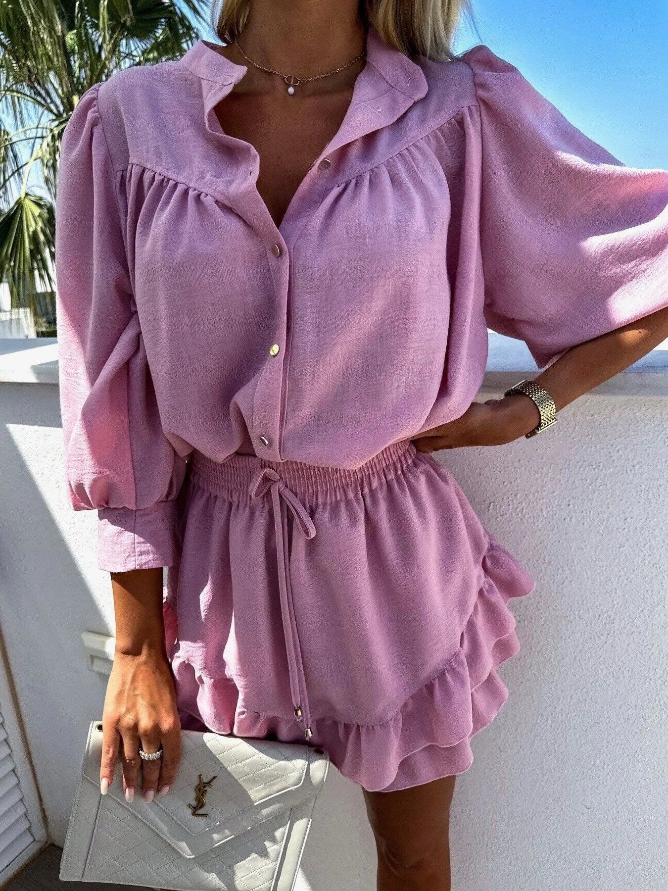 Button Up Top and Ruffled Skirt Set OutfitFlow