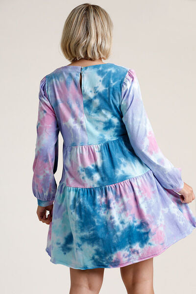 Umgee Full Size Tie Dye Round Neck Long Sleeve Babydoll Tiered Dress Plus Size OutfitFlow