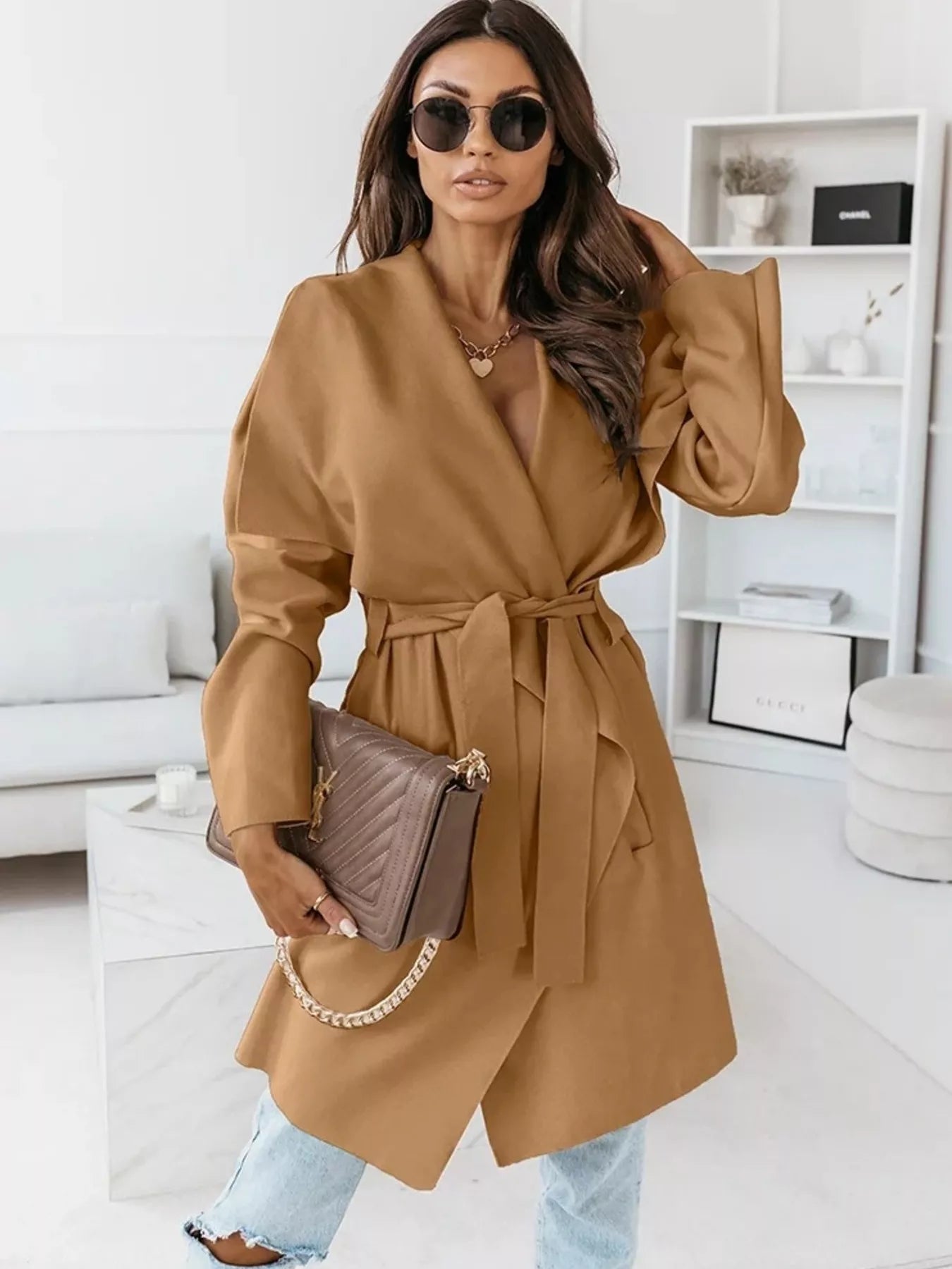 Tie Waist Long Sleeve Outerwear OutfitFlow