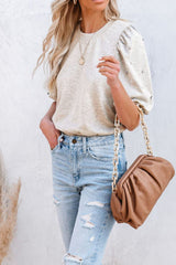 Rhinestone Pearl Detail Round Neck Puff Sleeve Top OutfitFlow