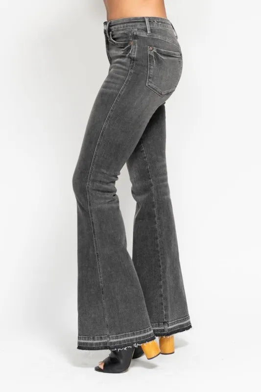 Judy Blue Full Size Mid Rise Tummy Control Washed Gray Release Hem Flare Jeans Plus Size OutfitFlow