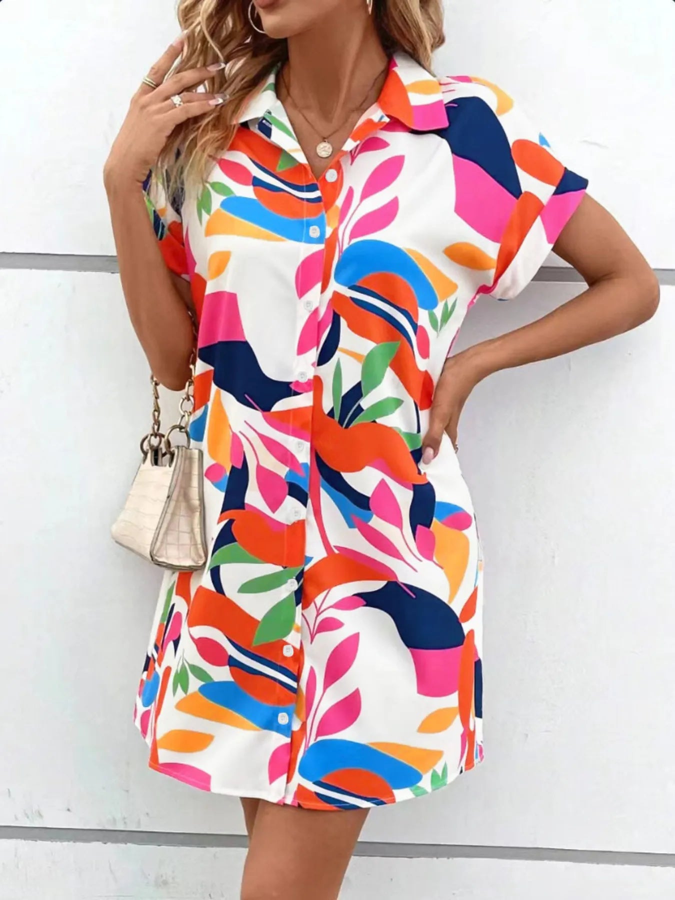 Printed Button-Down Shirt Dress White OutfitFlow