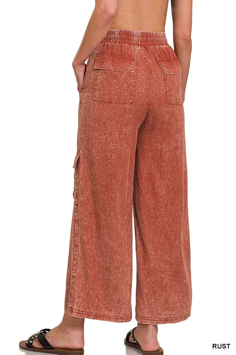 Zenana Washed Linen Elastic Band Waist Cargo Pants OutfitFlow
