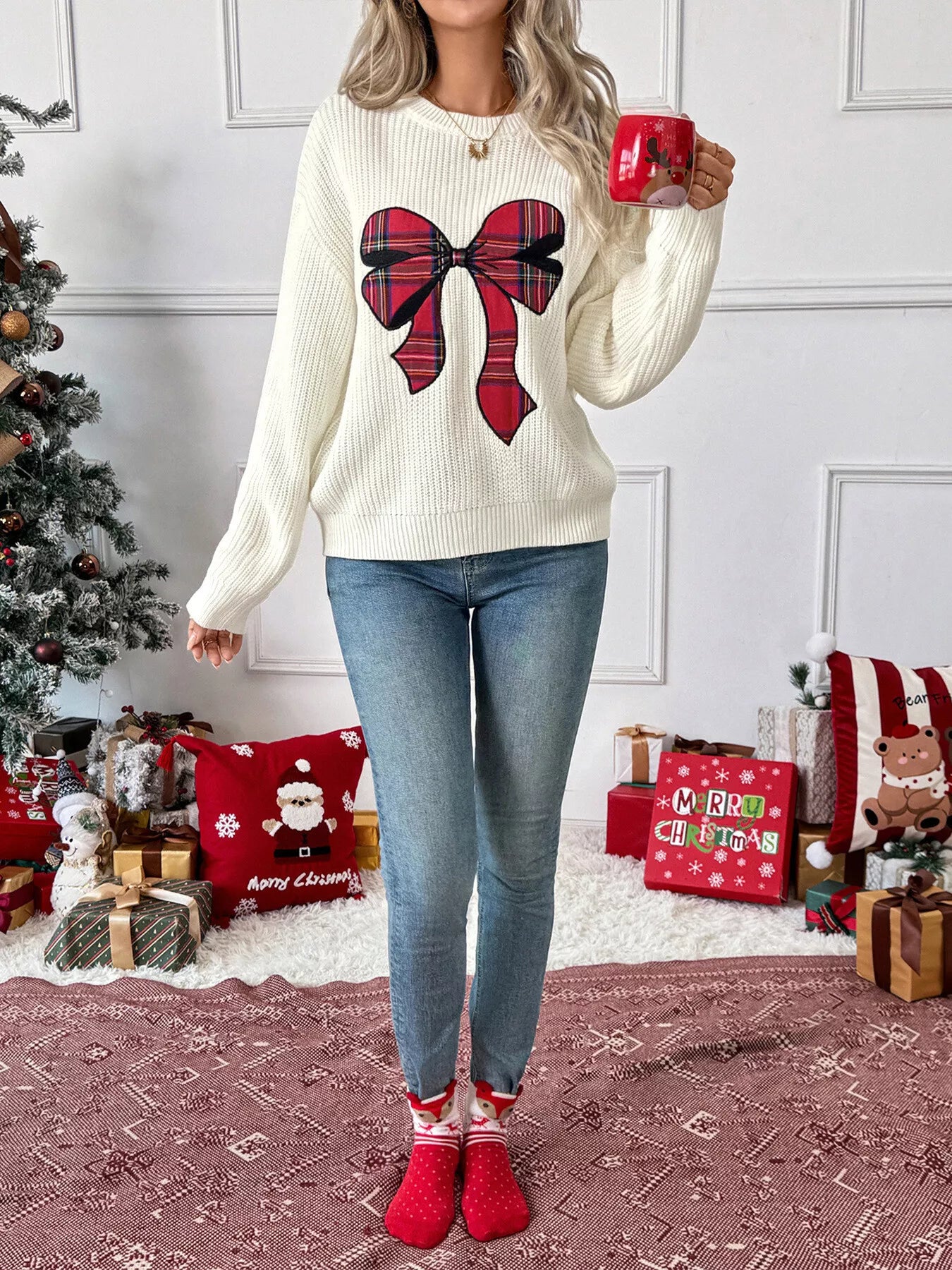 Christmas Bow Dropped Shoulder Sweater Trendsi