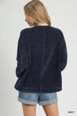 Umgee Round Neck Long Sleeve Side Slit Top OutfitFlow