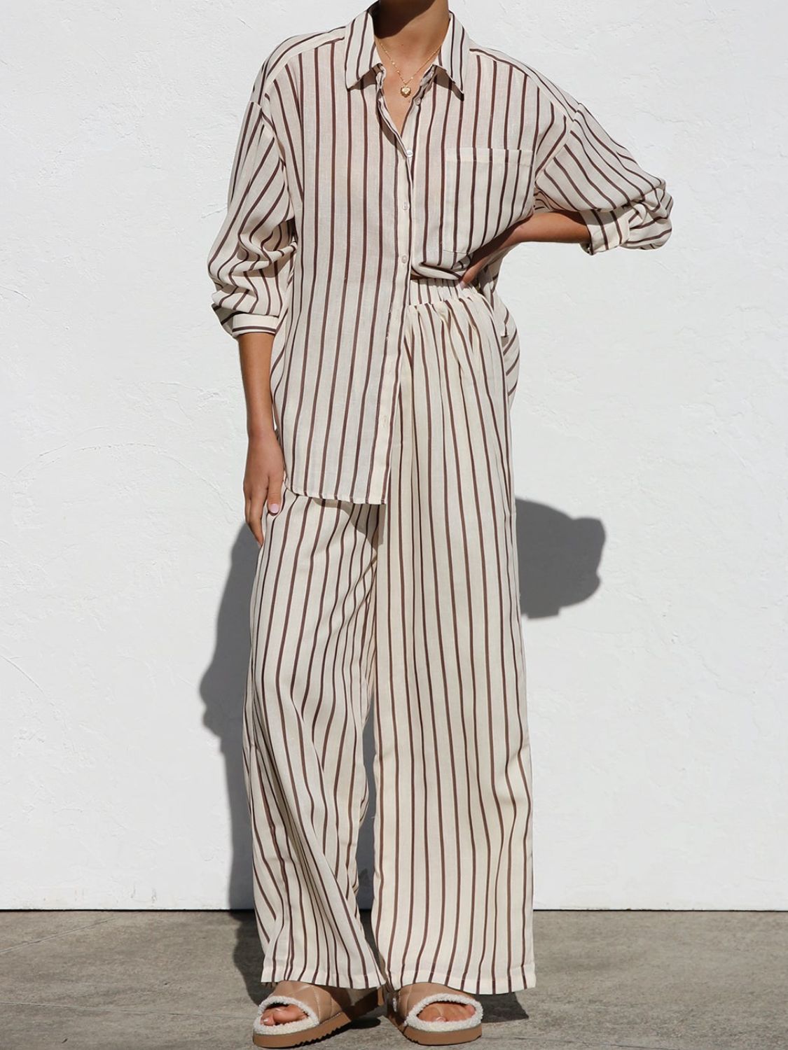 Outfit Flow - Striped Collared Neck Long Sleeve Top and Pants Set