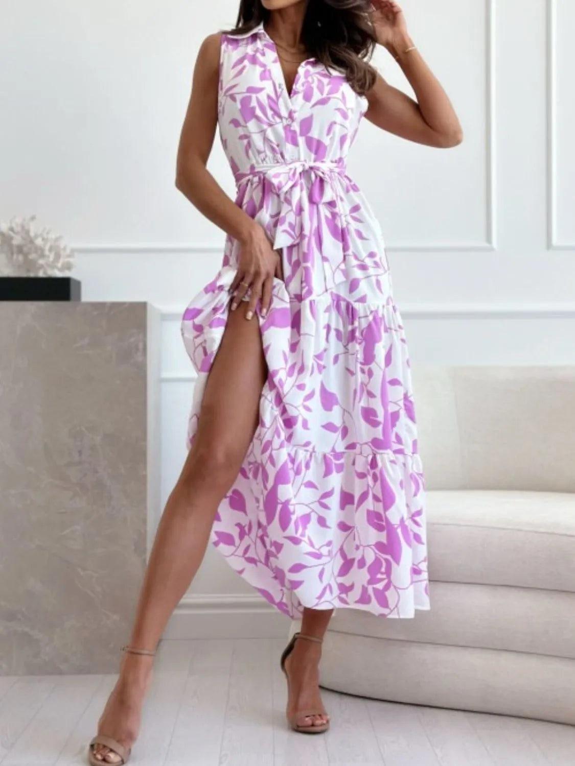 Sleeveless Tie Waist Printed Dress OutfitFlow