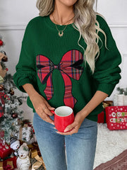 Plaid Bow Round Neck Christmas Sweater Green Trendsi