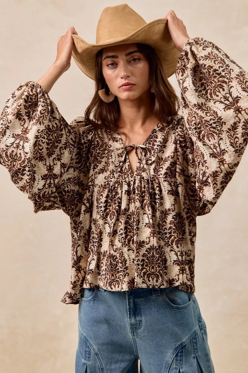 BiBi Printed Woven Front Tied Blouse with Baloon Sleeve OutfitFlow