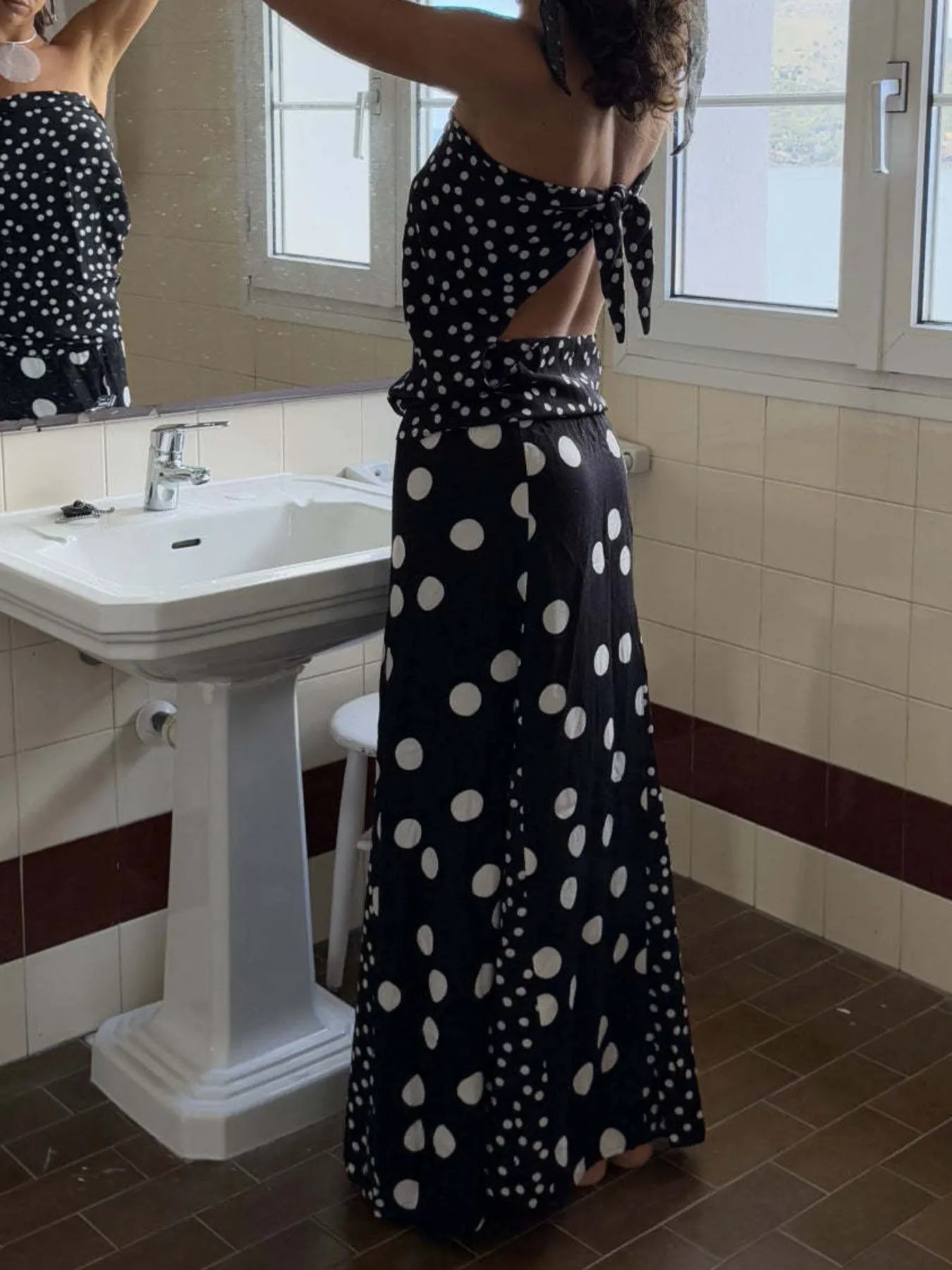 Polka Dot Top and Maxi Skirt Set OutfitFlow