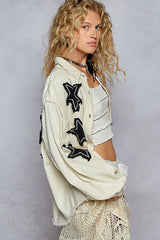 POL Star Patch Raw Hem Button Up Denim Jacket OutfitFlow