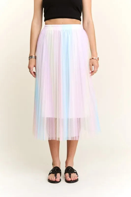 ADORA Unicorn Pleated Mesh Flare Midi Skirt OutfitFlow