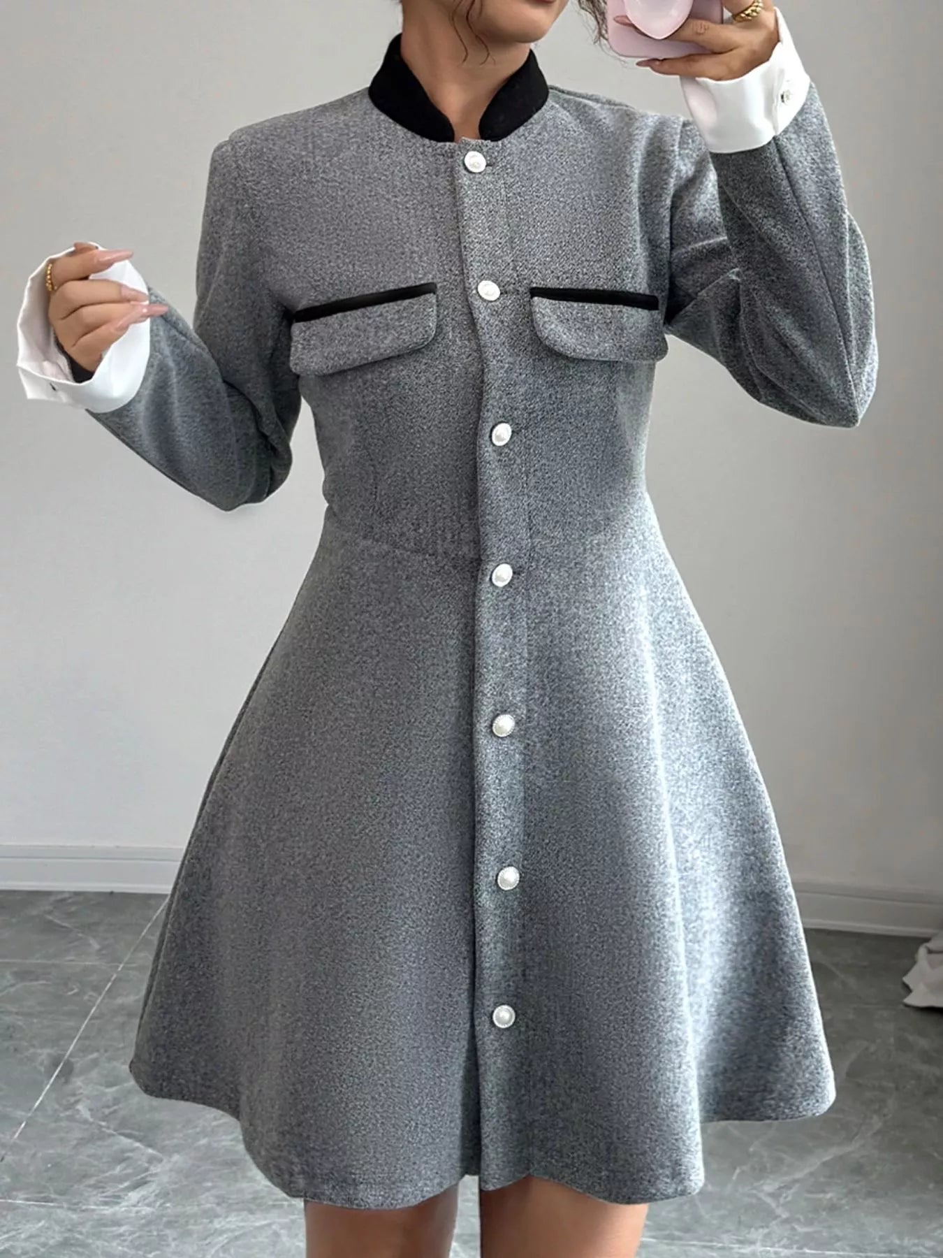 A-Line Long Sleeve Button-Down Dress Gray OutfitFlow