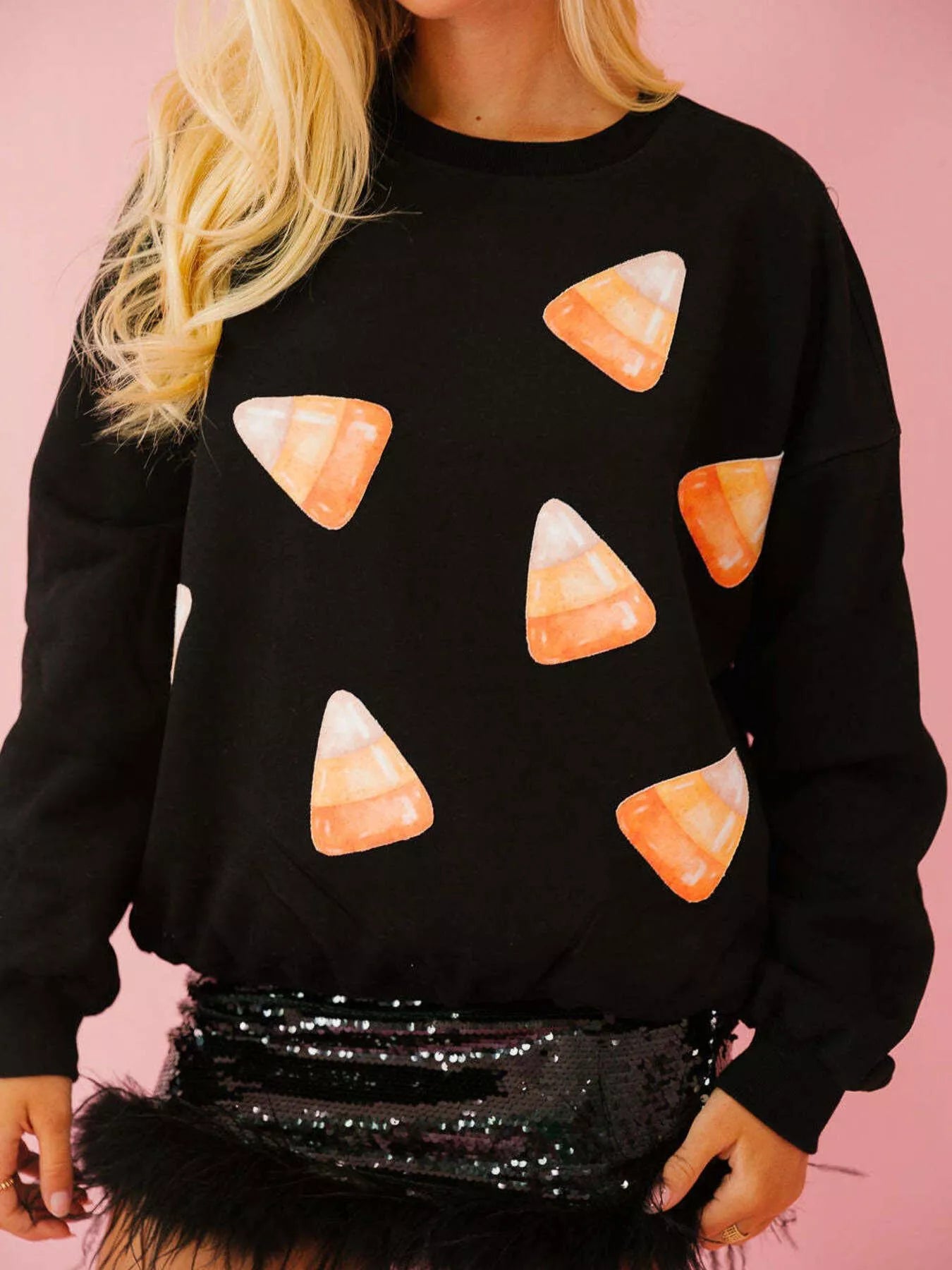 Halloween Sequin Round Neck Sweatshirt OutfitFlow