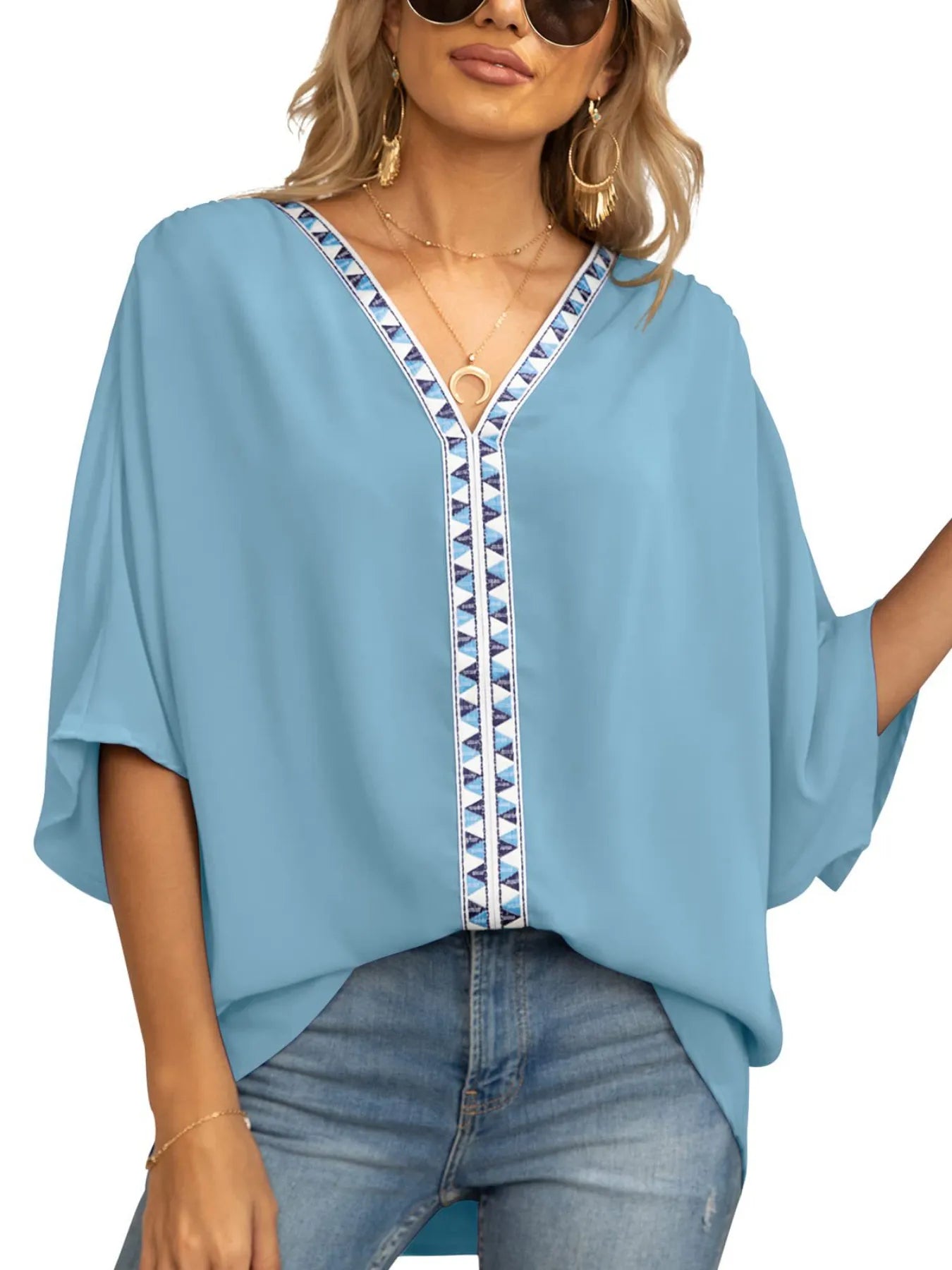 Printed Trim V-Neck Batwing Sleeve Blouse OutfitFlow